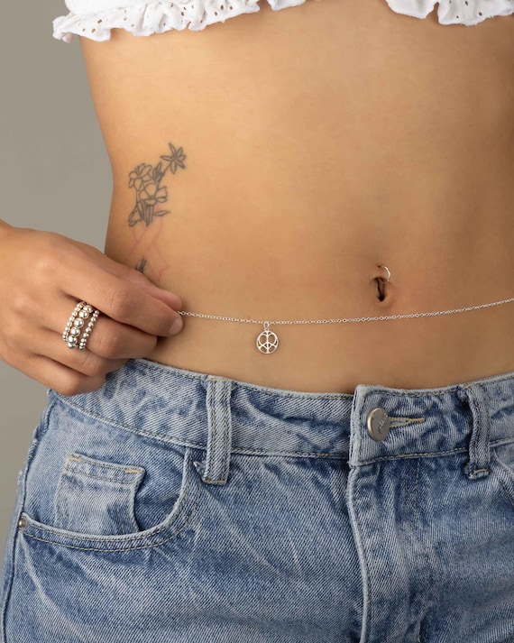 PEACE LOVE CHARM belly chain • personalized body chain • bikini body jewelry water resistant waist chain gift for wife girlfriend BCCC3CHBA