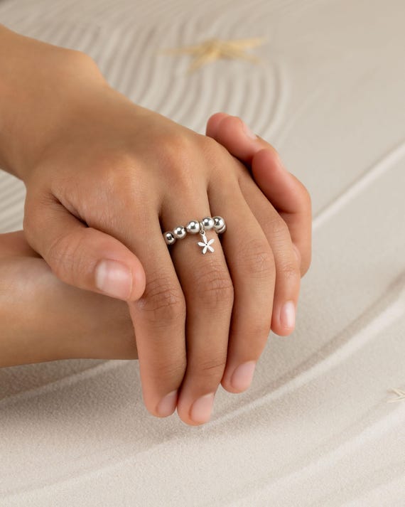 JASMINE CHARM BEADED ring • dainty friendship ring for her • hawaiian jasmine charm • stackable stretch water resistant • RIBP3MCAP