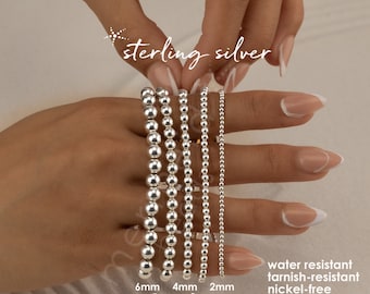 Sterling Silver Beaded Bracelet | Silver Bead Anklet | Stretch | Water Resistant Nickel Free Tarnish Free | 2mm 3mm 4mm 5mm or 6mm