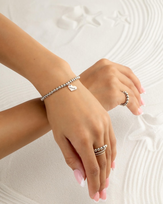 ENGRAVED HEART CHARM beaded bracelet • personalized • bridal jewelry • gold, silver or rose gold • water resistant • valentines day gift