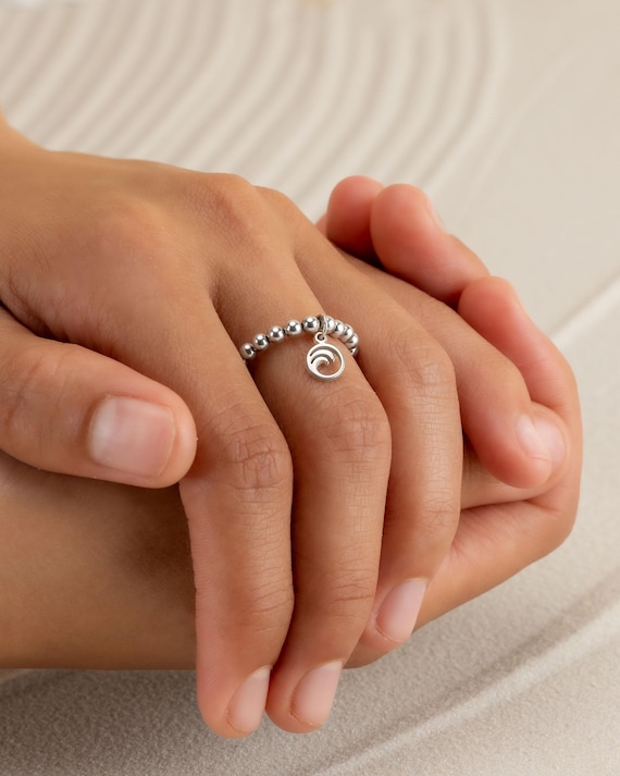 WAVE CHARM BEADED ring • dainty friendship ring for her • ocean wave dangle charm • stackable stretch water resistant • adjustable RIBP3MCAQ
