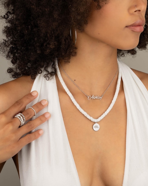 BEADED CHARM NECKLACE • white seashell heishi Hawaiian pendant • statement choker • beach wedding jewelry • water resistant