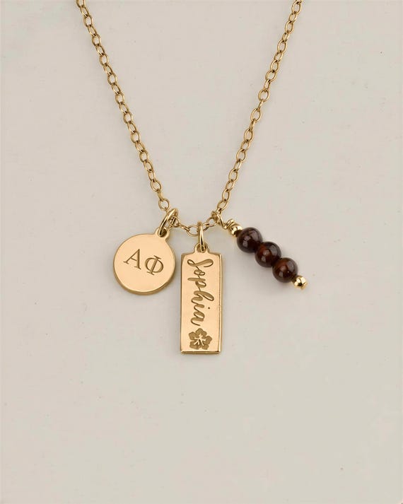SORORITY CHARM necklace • personalized engraved pendant • genuine gemstones  • tag pendant • recruitment bid day initiation senior gift