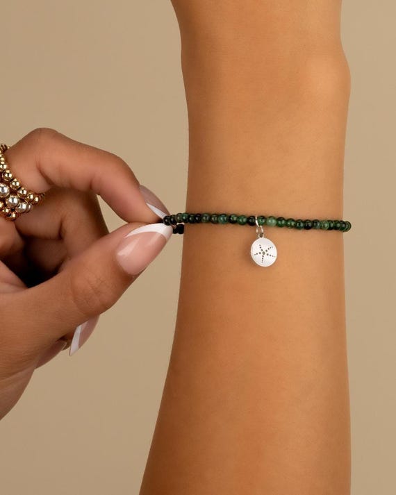 EMERALD CHARM BRACELET • personalized charm • may birthstone • taurus gemini • dainty bracelet gift • stretch water resistant • BRBS3CHAQp