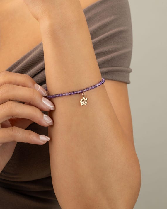 AMETHYST CHARM BRACELET • personalized charm • February birthstone • Aquarius Pisces • dainty bracelet • stretch water resistant BRBS3CHAFp