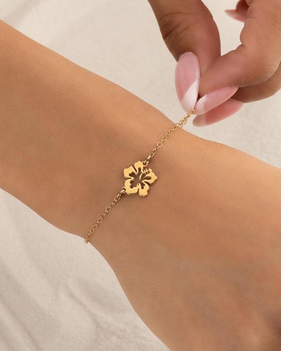 HIBISCUS BRACELET • delicate Hawaiian flower charm chain bracelet or anklet • bridesmaids gift • anniversary gift • gold silver or rose gold