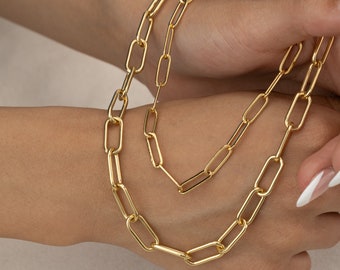 Collier chaîne en or rose avec trombone, grosse chaîne, bracelet de cheville, or, argent, or rose, grande chaîne à maillons, bijoux d'été