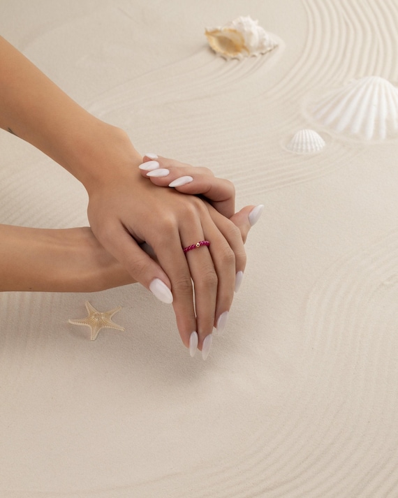 RUBY RING 3MM • July birthstone • Cancer Leo • dainty friendship ring • gift for her • beaded stackable stretch water resistant • RIBS2AP