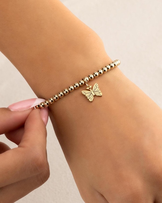 BUTTERFLY CHARM beaded bracelet • gift for her • charm jewelry • stackable bracelet • stretch • water resistant • silver, gold or rose gold