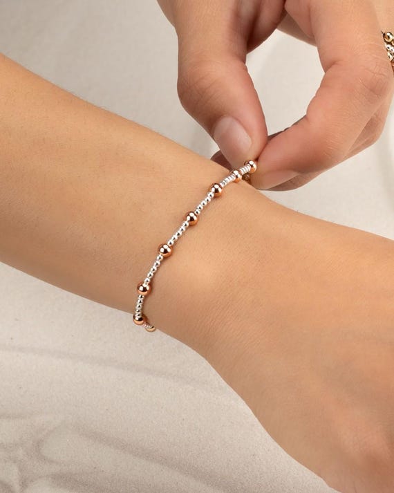 MIXED METAL bracelet • sterling silver and rose gold filled • two-tone bracelets • stackable stretch • waterproof • 2 color ball beads
