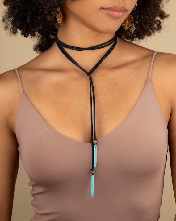 TURQUOISE LEATHER CHOKER necklace | coastal cowgirl western jewelry | boho lariat y necklace | vegan leather | adjustable wrap spike NELE2AM