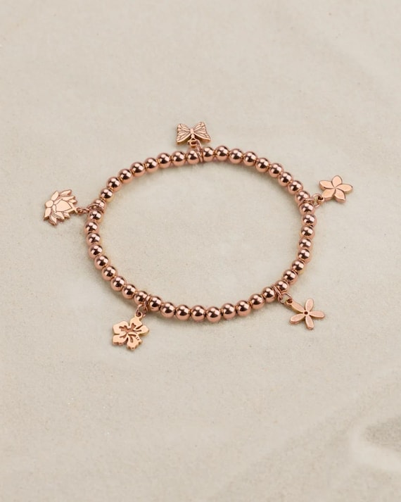 FLOWER CHARM bracelet • 5 charm beach bracelet • hibiscus plumeria lotus butterfly jasmine • Hawaiian jewelry • stretch water resistant