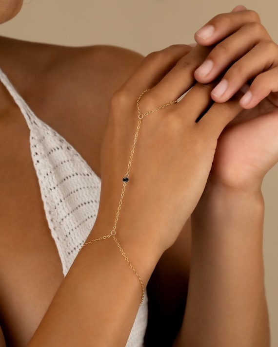 14K GOLD FILLED onyx hand chain • dainty chain bracelet • gold filled ring chain bracelet slave bracelet • water resistant • BRCH2HCCH2AA
