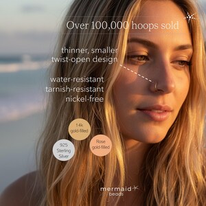 The image is a close-up of a woman's face, with text providing details about the jewelry she is wearing.