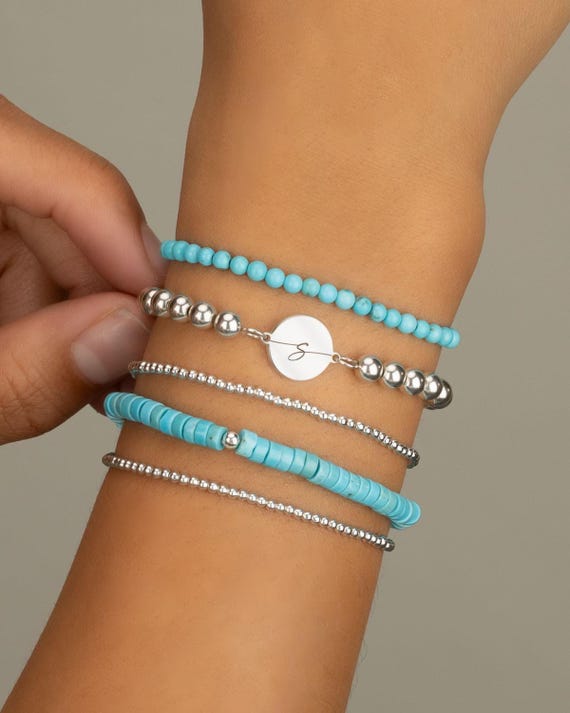 CHARM BRACELET with Intial • personalized gift for her •  engraved initial bracelet • stretch bracelet anklet • water resistant BRBP3CH2AXp