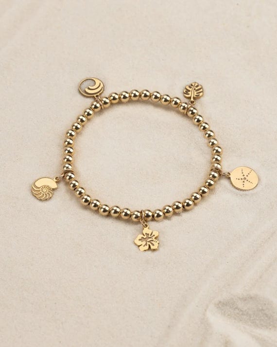 BEACH CHARM bracelet • 5 charm beach bracelet • hibiscus ocean wave starfish seashell monstera • Hawaiian jewelry • stretch water resistant