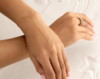 14K GOLD FILLED hand chain • simple delicate dainty ring bracelet • water and tarnish resistant