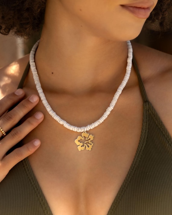 WHITE SEASHELL BEADED necklace with Hibiscus Flower charm • Heishi Hawaiian pendant necklace • wedding jewelry water resistant • NEBH3PCAJp