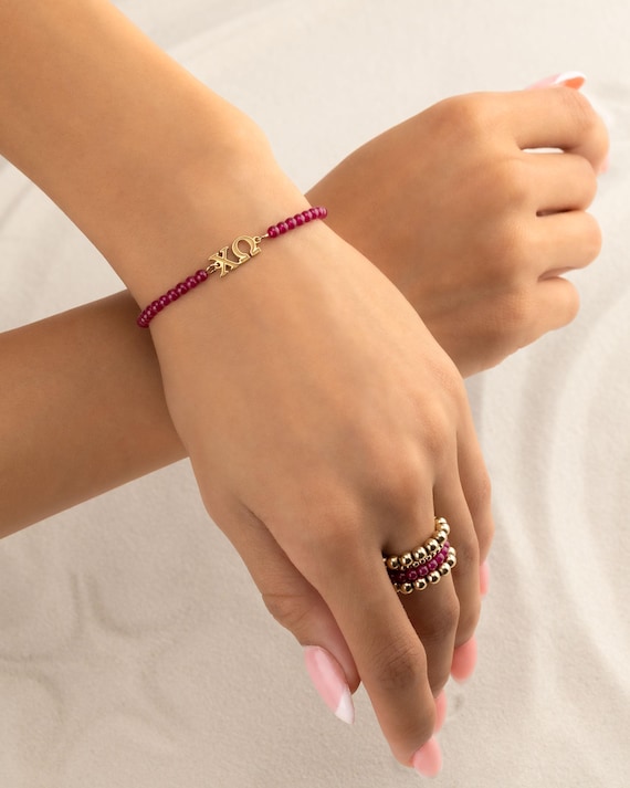 SORORITY bracelet • red RUBY personalized greek letter • chi omega • alpha chi omega • alpha gamma delta • initiation gift • sorority merch