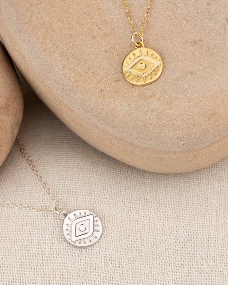 Gold Coin Necklace EVIL EYE Charm Pendant Layering Necklace Good Luck Medallion Wife Girlfriend Sister Aunt Friend Birthday Gift Mothers Day image 3