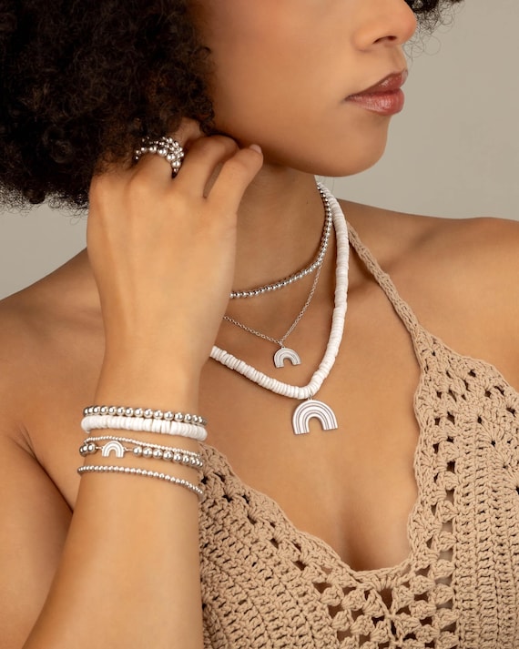 BEADED CHARM necklace • rainbow • white seashell heishi puka beads • Hawaiian pendant • statement accessory • water resistant