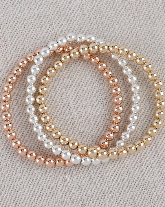 ROSE GOLD BEADED bracelet • dainty gold bracelet • sterling silver • stackable, stretch and water resistant • jewelry gift for her • BRBP2AI