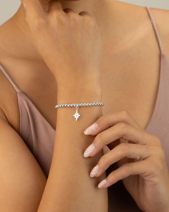 STAR CHARM beaded bracelet • north star jewelry • stackable bracelet • sterling silver stretch water resistant • jewelry with meaning