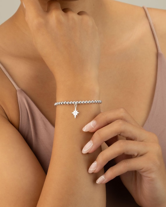 STAR CHARM beaded bracelet • gift for her • north star jewelry • stackable bracelet • sterling silver stretch water resistant BRBP3CHAEp