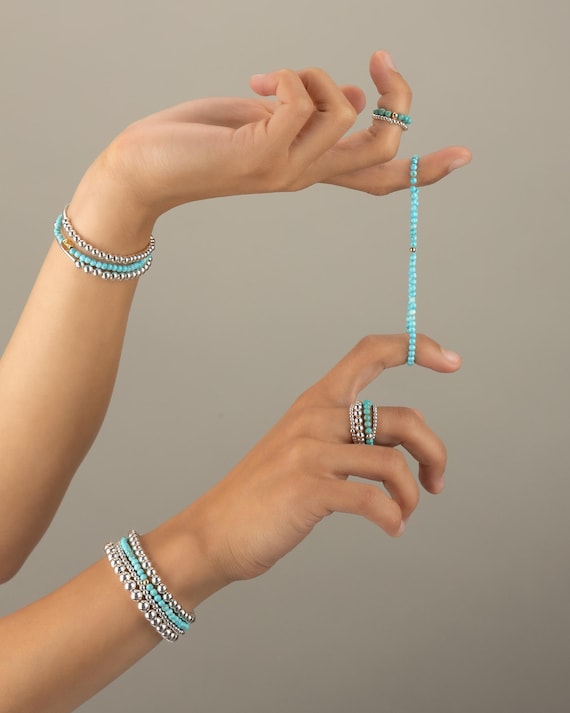 TURQUOISE BRACELET 3MM • December birthstone Sagittarius Capricorn • dainty bracelet gift • stackable stretch water resistant • BRBS2AT