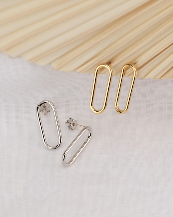 Silver Earrings Paperclip Chain Oval Minimalist Hoop Earrings Rectangle Silver Earring Large Link Pierced Hoop Wife Girlfriend Mothers Day
