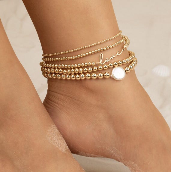 LOVE BEADED ankle bracelet with pearl • personalized gift for her • stackable stretch anklet • water resistant • gift for wife or girlfriend