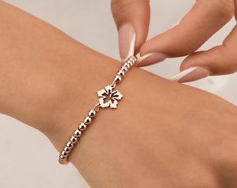 Rose Gold Beaded Bracelet Hibiscus Flower Stretch Bead Anklet Water Resistant  Mom Girlfriend Daughter Anniversary 2mm 3mm 4mm 5mm 6mm