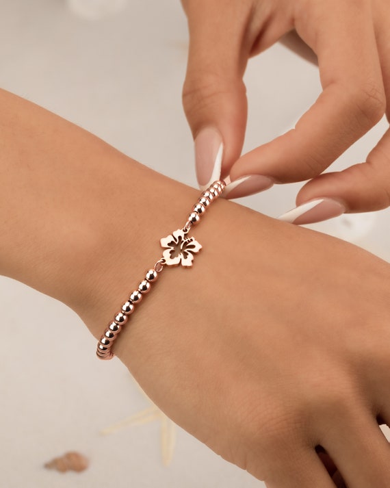 Rose Gold Beaded Bracelet Hibiscus Flower Stretch Bead Anklet Water Resistant  Mom Girlfriend Daughter Anniversary 2mm 3mm 4mm 5mm 6mm
