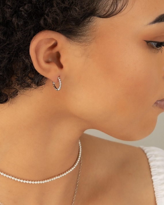BEADED HUGGIE HOOP earrings • gift for her • sterling silver gold hoop earrings • clicker minimalist • nickel free water resistant • EAHU1AJ