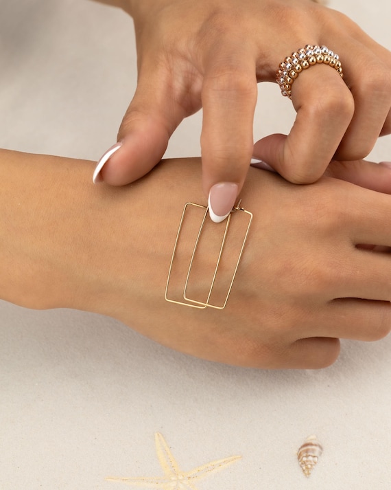 GOLD HOOPS RECTANGLE earrings • delicate geometric dangle earrings • silver gold hoops • anniversary birthday gift • nickel free • EAHL1AW