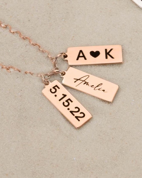 ENGRAVED TAG CHARM pendant necklace • personalized multi charms • name, date, symbol • dainty dog tag bar • gold, rose or sterling silver