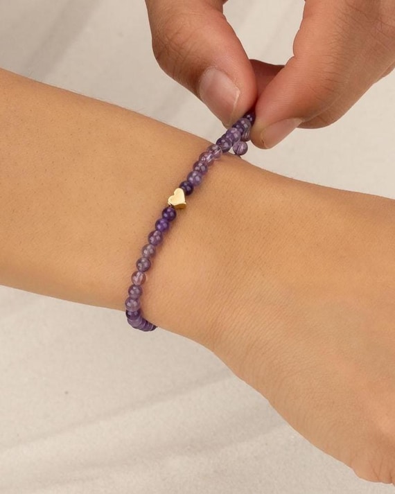 AMETHYST HEART beaded bracelet • waterproof • genuine gemstone • 14k gold filled or sterling silver • stretch • February birthstone