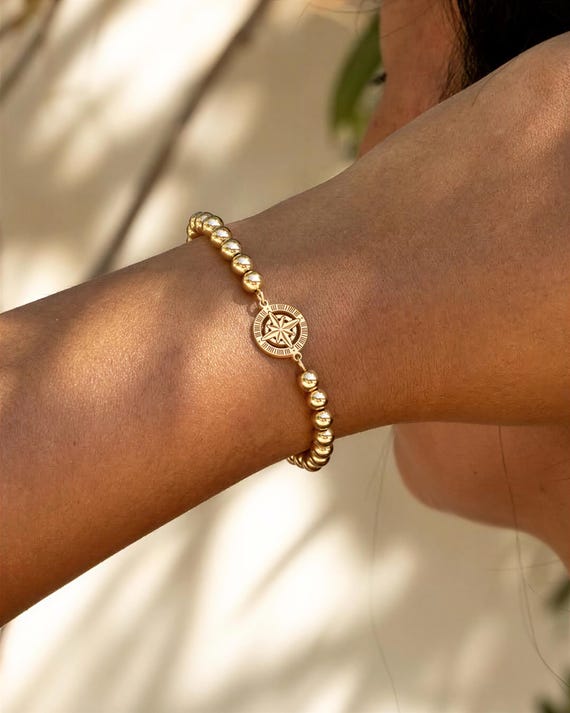 COMPASS CHARM beaded bracelet • travel gift • graduation jewelry • stackable dainty bracelet • stretch water resistant