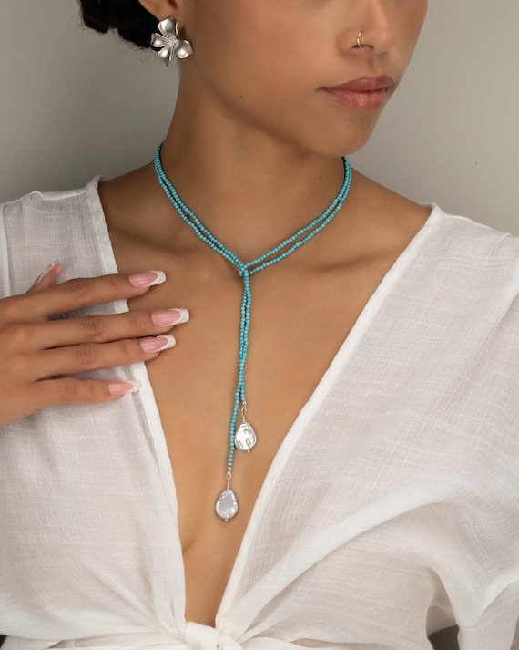 TURQUOISE LARIAT NECKLACE • genuine 2mm Turquoise gemstone beads • freshwater baroque teardrop pearls • December birthstone • wrap choker