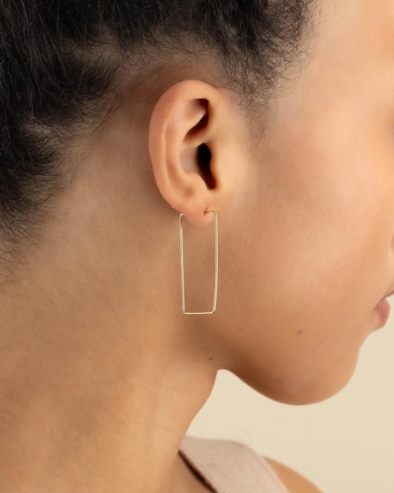 SILVER HOOPS RECTANGLE earrings • delicate geometric dangle earrings • silver gold hoops • anniversary birthday gift • nickel free • EAHL1AX