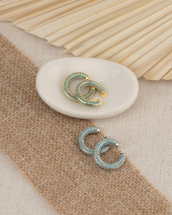 Turquoise Ear Cuff • silver or gold • multi stone CZ pave conch hoop wrap • no piercing needed