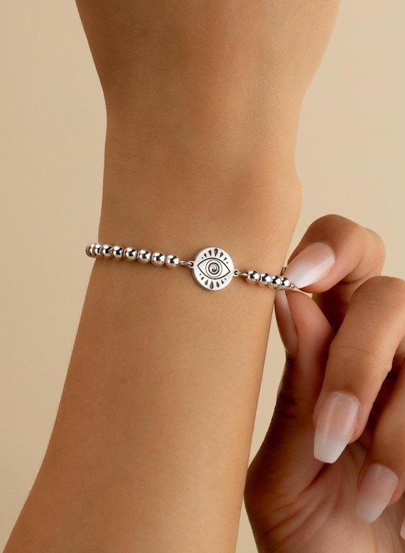 EVIL EYE CHARM beaded bracelet • gift for her • jewelry with meaning • stackable dainty bracelet • stretch water resistant • BRBP3CH2AV
