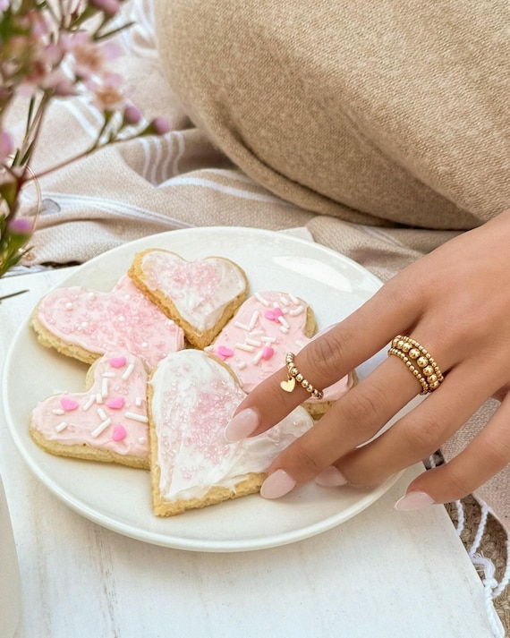 HEART CHARM BEADED ring • dainty friendship ring for her • heart dangle charm • adjustable stackable stretch water resistant • RIBP3MCAA