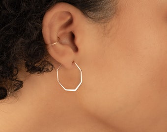 Gold Hoop Earrings Geometric Hoops Delicate Unique HEXAGON Shaped Pierced Earrings Modern Minimalist Mom Sister Girlfriend Wife Mothers Day