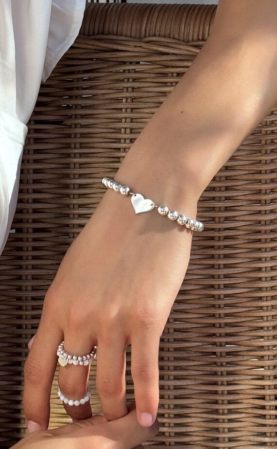 HEART CHARM BEADED bracelet • water resistant • wedding jewelry • stackable stretch • gold, rose or silver