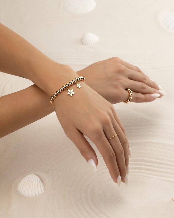 PLUMERIA FLOWER CHARM beaded bracelet • gift for her • Hawaiian jewelry • stackable dainty bracelet • stretch water resistant • BRBP3CHAFp