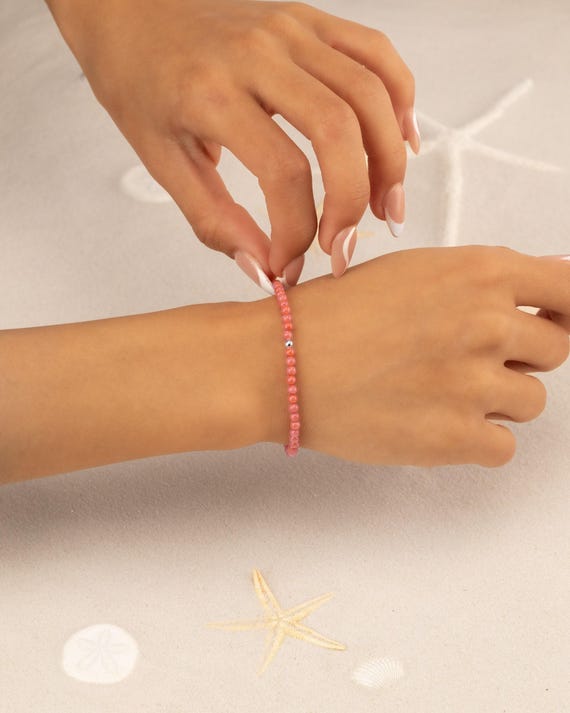 CORAL BRACELET 3MM • pink orange jewelry • beaded dainty bracelet • perfect gift for her • stackable stretch water resistant • BRBS2AF