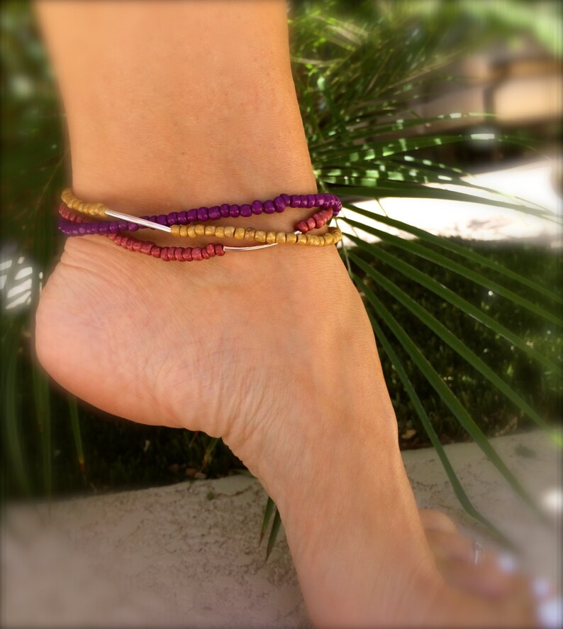 Purple Anklet Beaded Anklet Boho Anklet Ankle Bracelet Stretch Etsy