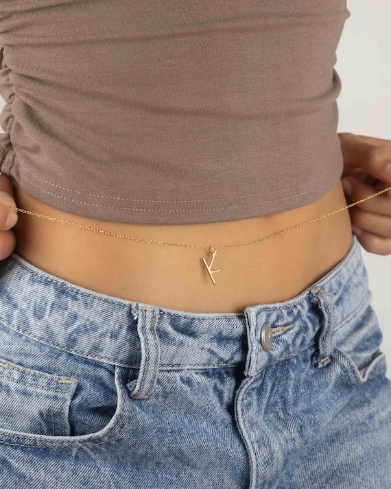 INITIAL BELLY CHAIN • dainty personalized body chain • bikini body jewelry • bridesmaid gift bachelorette party • water resistant • BCCC3AV
