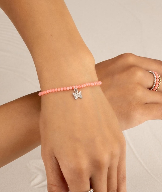 CORAL CHARM BRACELET • personalized charm • beach lover • pink coral jewelry • dainty bracelet stretch water resistant BRBS3CHAOp